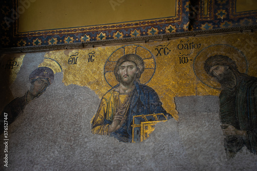 mosaic of jesus christ inside hagia sophia in istanbul, turkey