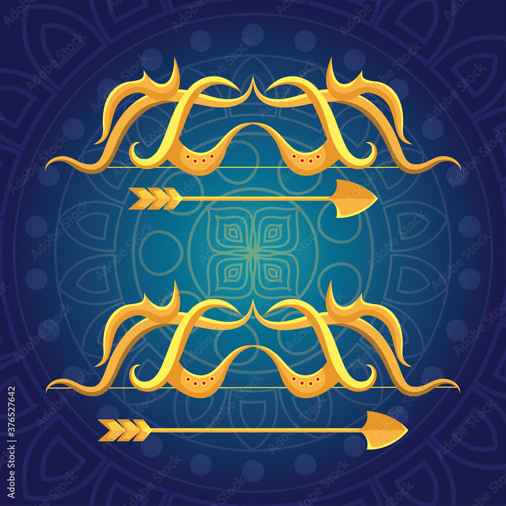 happy dussehra festival with golden arrows in blue background vector illustration design