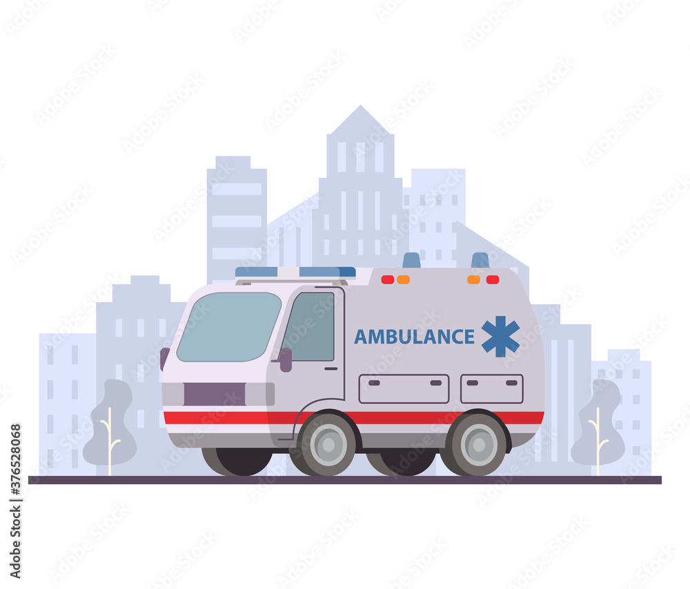 First aid ambulance van. Emergency medical vehicle. Сity skyscrapers background. Vector modern flat style.