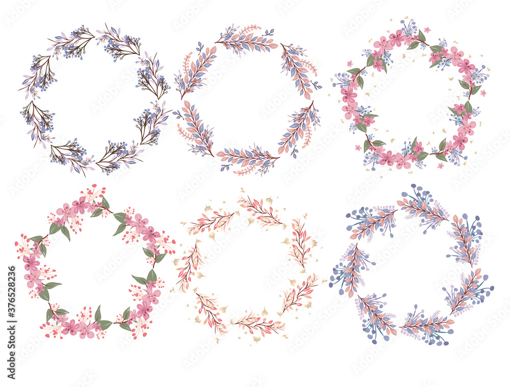 Beautiful set of hand-drawn wreath of green-yellow-red-pink-purple-blue pastel-colored floral on white background Beautiful set of hand-drawn wreath of green-yellow-red-pink-purple-blue pastel-colored floral on white background