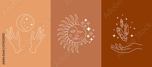 Boho mystic doodle esoteric set. Magic simple line logo icons with hands, crystal, sun, new moon stars. Bohemian modern vector illustration