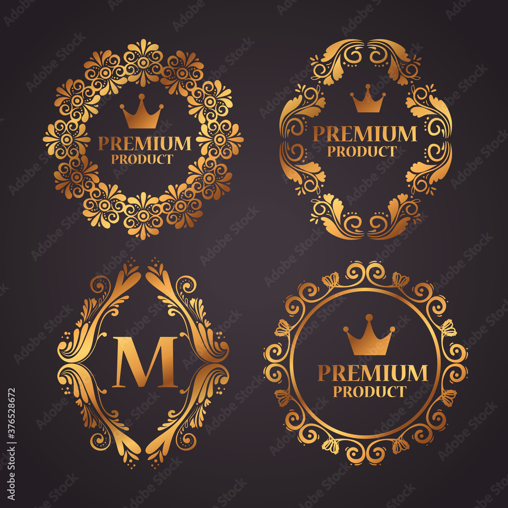 set labels with gold decorative luxury frames vector illustration design