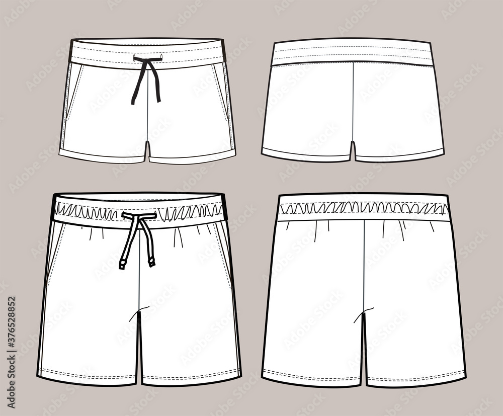 technical vector sketch of sport shorts.Apparel design technical drawing. front and back. technical vector sketch of sport shorts.Apparel design technical drawing. front and back.