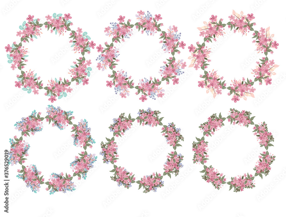 Beautiful set of hand-drawn wreath of green-yellow-red-pink-purple-blue pastel-colored floral on white background