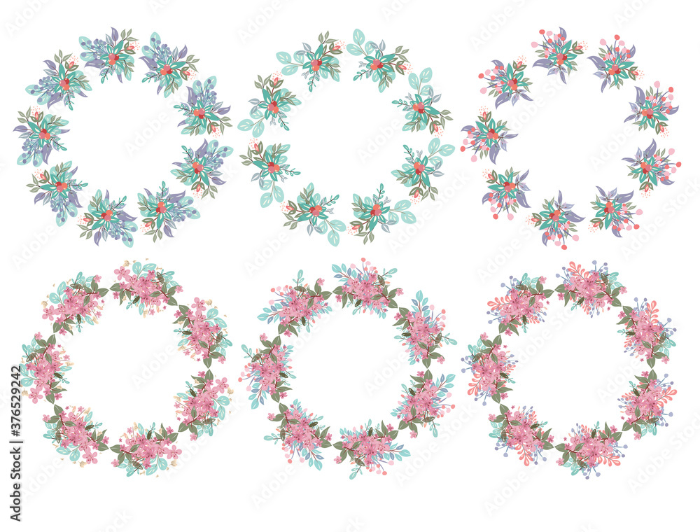 Beautiful set of hand-drawn wreath of green-yellow-red-pink-purple-blue pastel-colored floral on white background