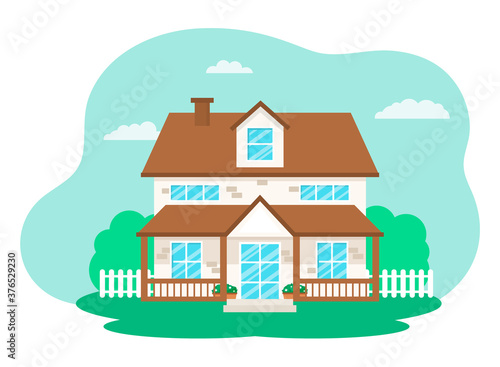 A two-story cottage or a house with a white fence. Vector flat illustration.