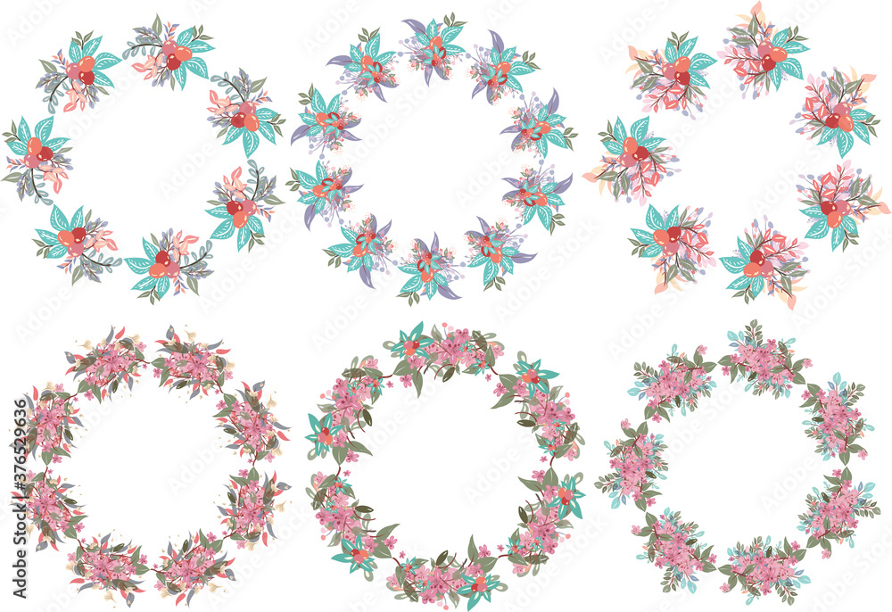 Beautiful set of hand-drawn wreath of green-yellow-red-pink-purple-blue pastel-colored floral on white background