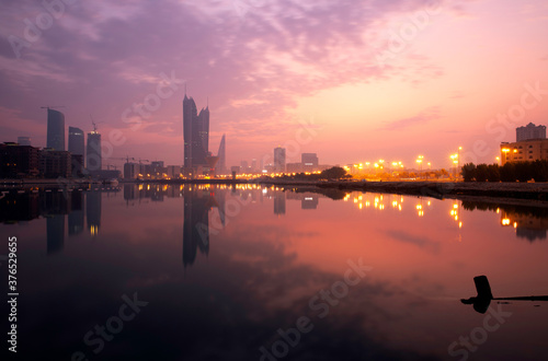 Bahrain skyline and beautiful hue in the sky at sunrise