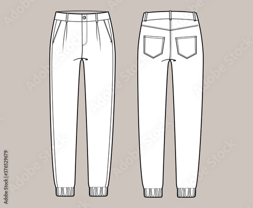 Vector trchnical sketch of joggers pants with cords and pockets.