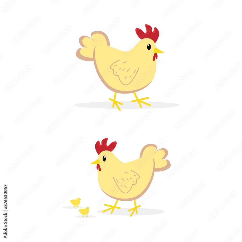 cute hen and chick illustration vector isolated on white background