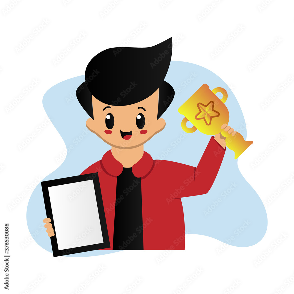 Cute kid boy holding trophy and certificate design isolated on white background