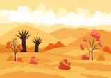 Vector autumn landscape field with trees and fallen yellow foliage. Countryside panorama view mountains and white clouds on orange sky. Fall season banner background