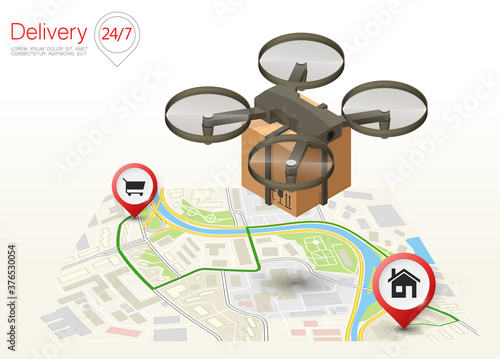 Drone delivery cargo box above the flat city map concept banner. Quadcopter flying over map and carrying package to customer. 3d isometric