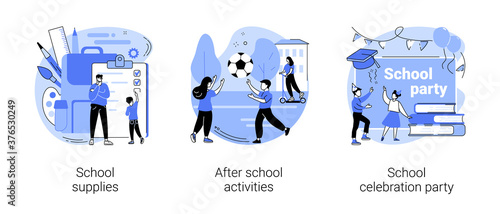 School year abstract concept vector illustration set. School supplies, after school activities, celebration party, kids stationery, debate team, student newspaper, backpack abstract metaphor.