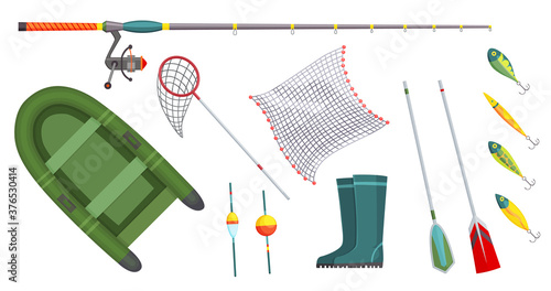 Fishing. Fishing equipment. Outdoor vacation. Isolated fishery hobby. Fish tackle and hook, rod and float, lure and bait, boots and rubber boat. Fun activity icons set