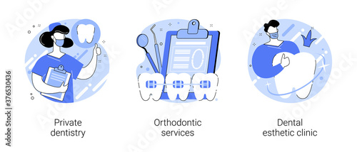 Teeth healthcare abstract concept vector illustration set. Private dentistry, orthodontic services, dental esthetic clinic, oral hygiene, smile treatment, emergency dentist abstract metaphor.