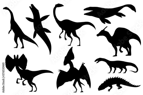 Dinosaur silhouettes set. Dino monsters icons. Prehistoric reptile monsters. Vector illustration isolated on white photo