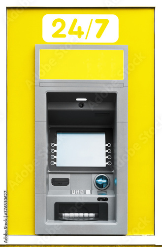 ATM machine, photo of one object in detail as a background, yellow color