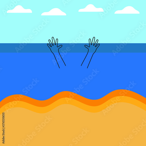 Seascape and hands sticking out of the water