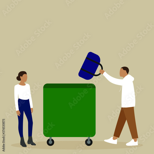 
A male character throws a bag into a trash can while a female character looks at it