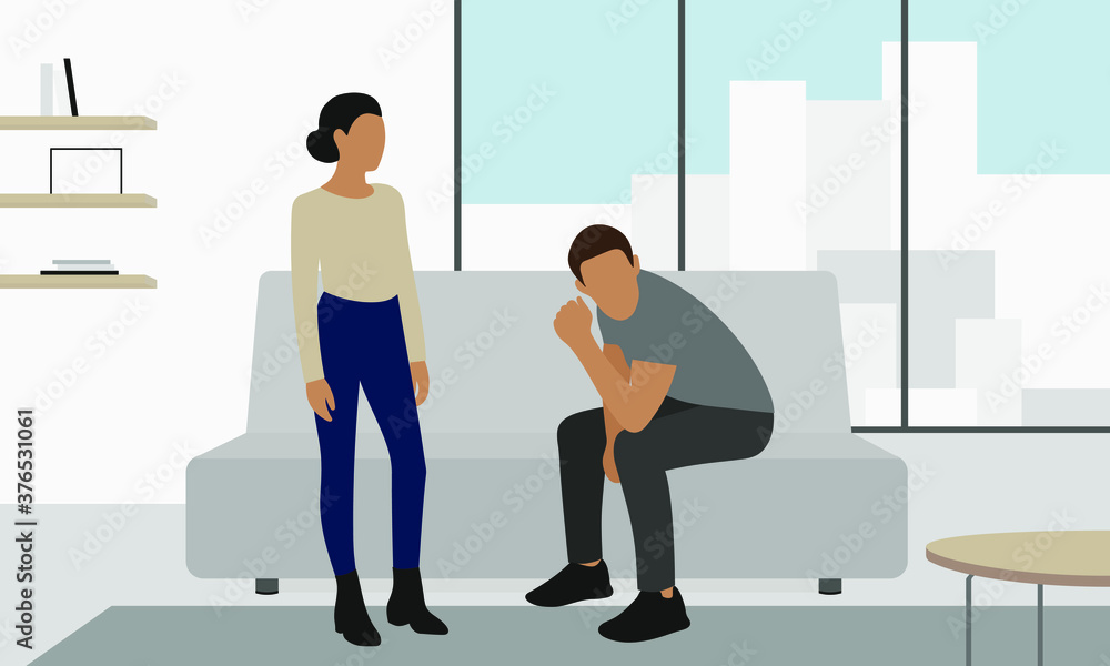 Obraz premium Male character and female character in a room with a sofa and panoramic windows