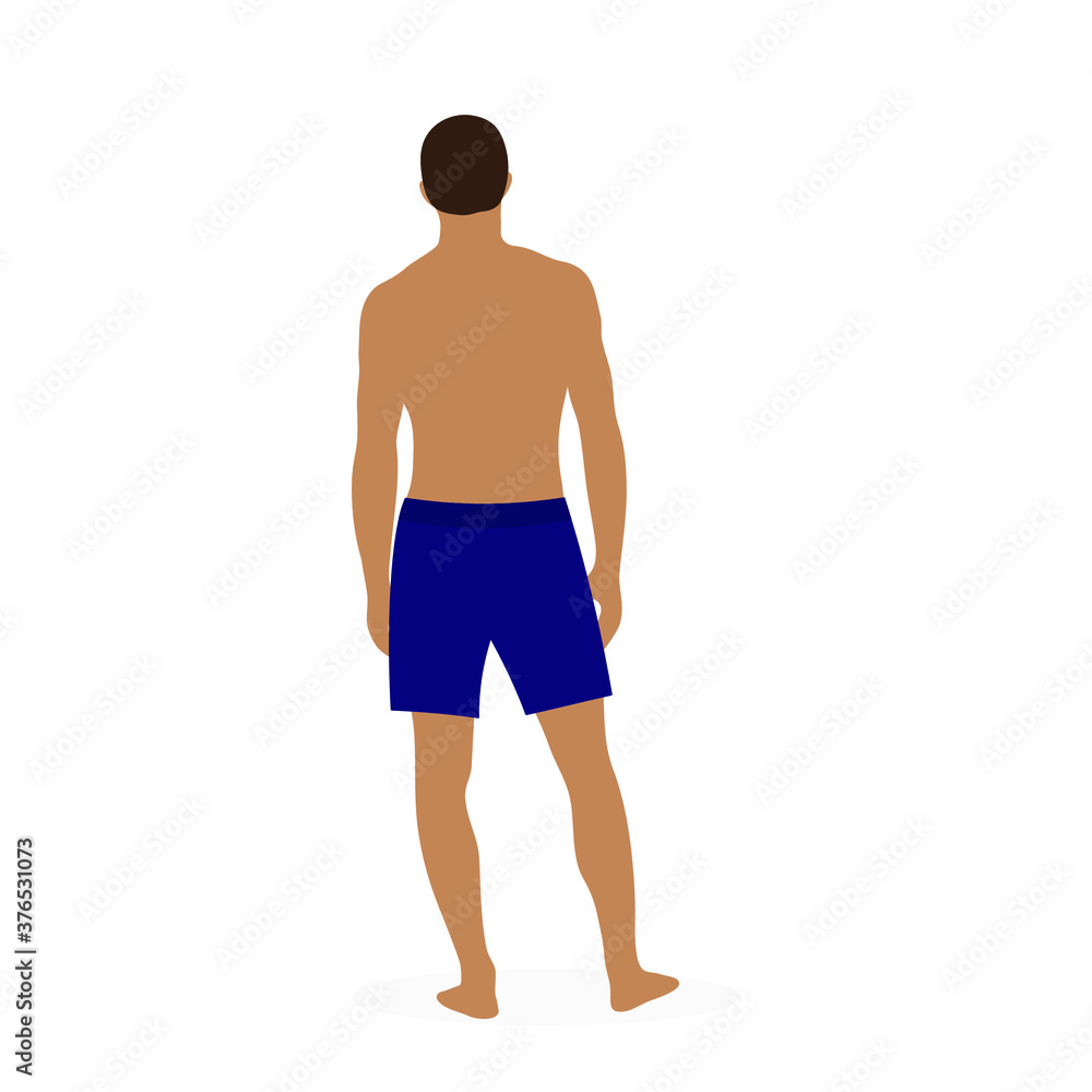 Male character in shorts stands with his back on a white background Male character in shorts stands with his back on a white background