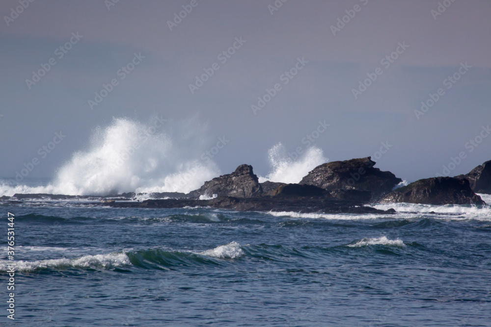Ocean waves crashing on the rocky  shore