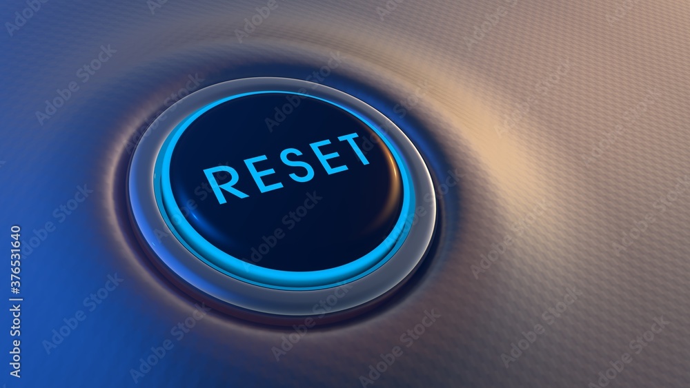Blue glowing reset button on metallic background. 3D rendering