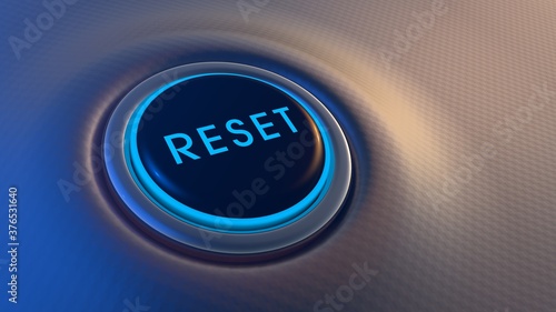 Blue glowing reset button on metallic background. 3D rendering photo