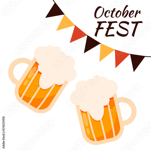 Two glass mugs of beer clink glasses. Design for october fest, brewery, bar or restaurant. The concept of German culture and traditions. Vector flat illustration.