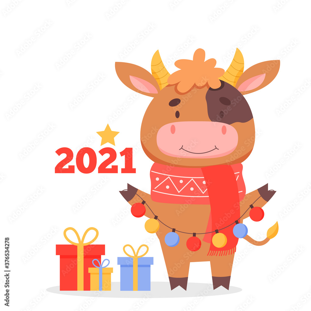 Cute bull with a Christmas gift in a scarf. Symbol of 2021. New Year and Christmas design. Vector flat illustration in cartoon style. Cute bull with a Christmas gift in a scarf. Symbol of 2021. New Year and Christmas design. Vector flat illustration in cartoon style.