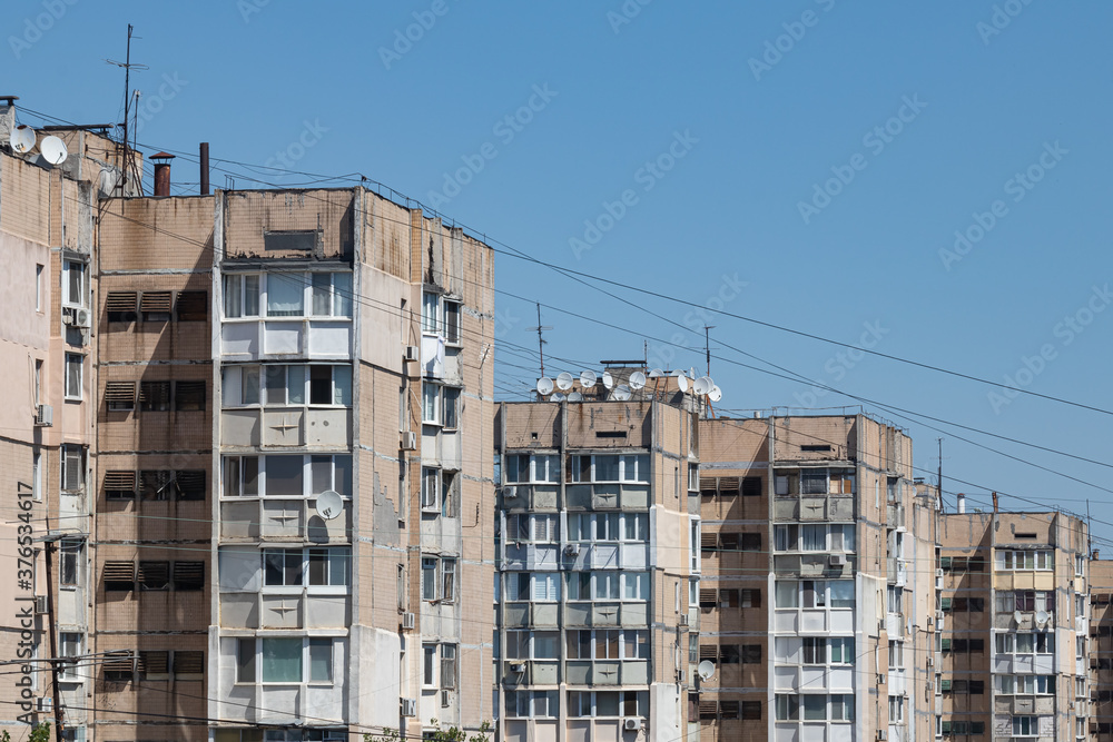 High-Rise Buildings in One of the Residential Areas of the City of Odessa. There Are Many Satellite Dishes On Roofs and Balconies