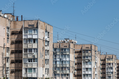 High-Rise Buildings in One of the Residential Areas of the City of Odessa. There Are Many Satellite Dishes On Roofs and Balconies