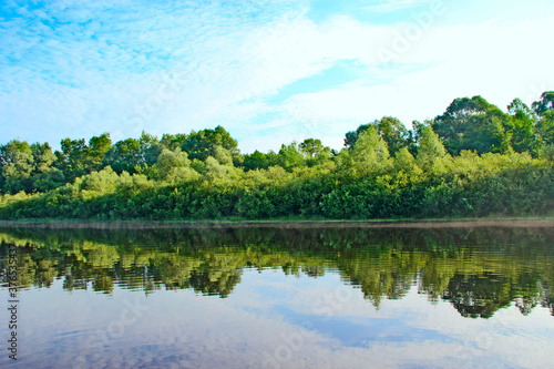 Landscape with river in summer. Trees are reflected in water of river