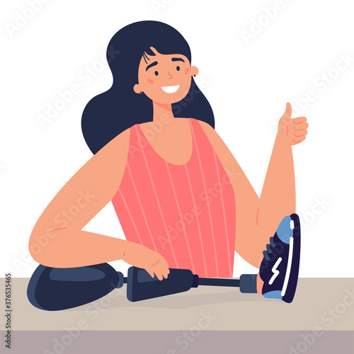 Disabled woman presents a prosthesis.Caucasian lady with artificial limb isolated cartoon character on white background.Advertising concept.Vector flat style cartoon illustration.