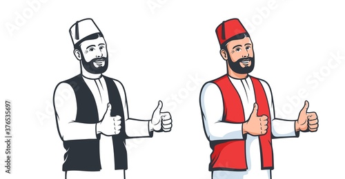 Turkish man in fez smiling affably. Positive Turk thumb up gesture. Vector isolated cartoon illustration.