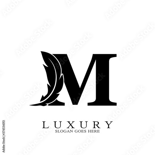 Monogram Initial Letter M Logo Luxury feather design for law business.
