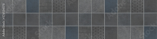 Seamless anthracite dark gray grey blue vintage retro geometric square mosaic motif cement concrete stone tiles texture wide background banner panorama