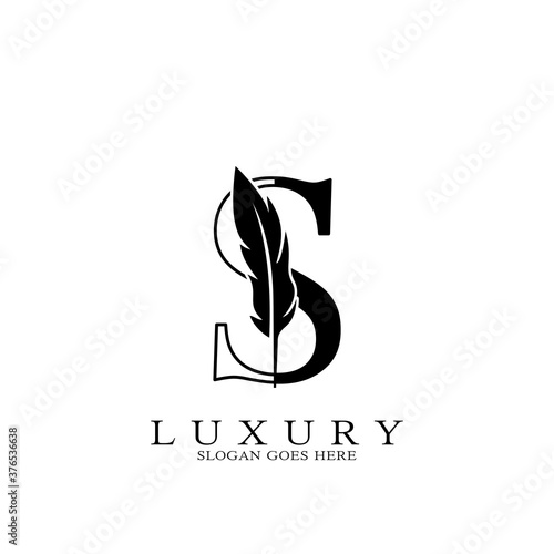 Monogram Luxury feather Initial Letter S Logo icon, vector design concept feather with alphabet letter for business corporate, lawyer, notary, firm