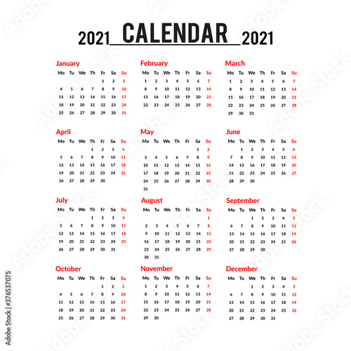 Simple calendar Layout for 2021 years in English. Week starts from Monday. Vector illustration, isolated objects.