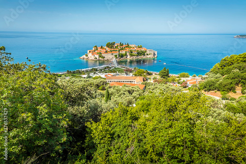 The islet of Sveti Stefan in the Adriatic near Budva, Montenegro during summer.