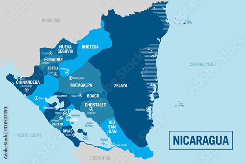 Nicaragua country political map. Detailed illustration with isolated regions, departments, provinces, states and cities easy to ungroup. Vector illustration.