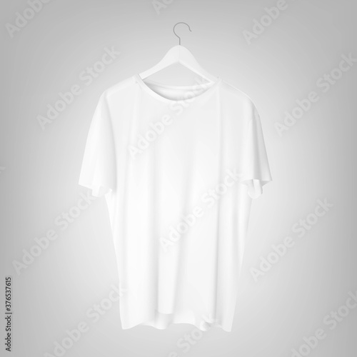 Realistic mockup of a white shirt on a hanger. Vector illustration. Front view. Can be use for template your design, promo, ad. EPS10. 