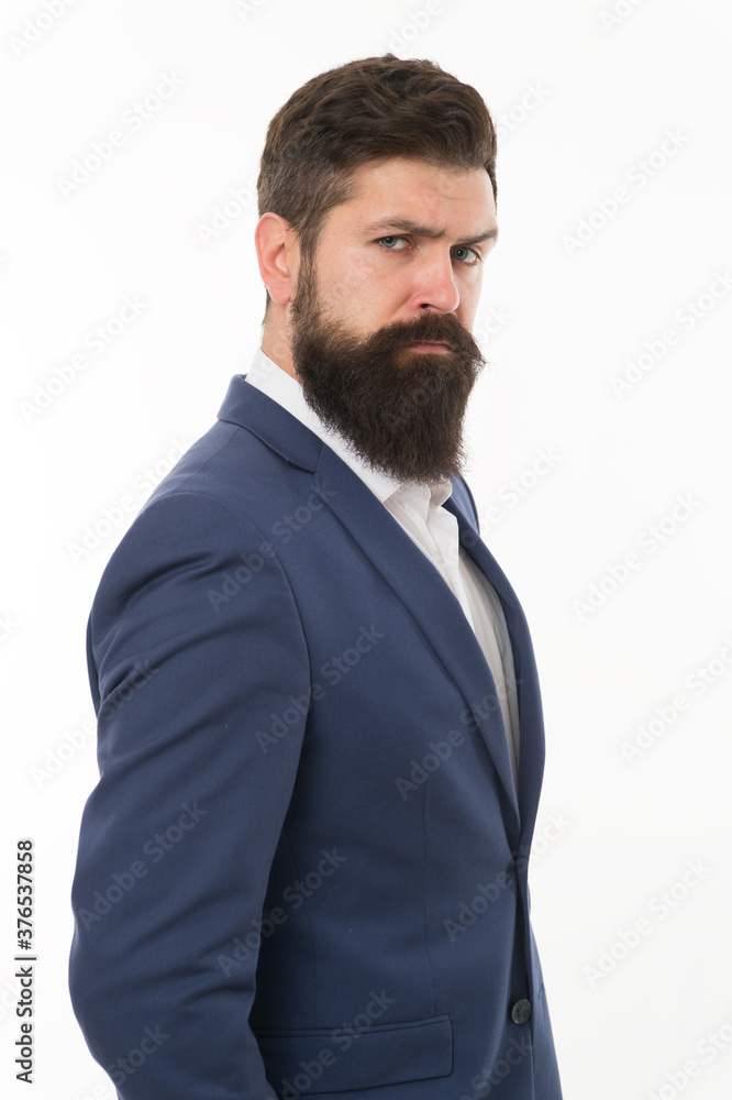 Getting serious hair volume. Bearded man with unshaven facial hair. Professional businessman isolated on white. Hipster with mustache and beard hair. Barbershop. Hair salon. At barbers Getting serious hair volume. Bearded man with unshaven facial hair. Professional businessman isolated on white. Hipster with mustache and beard hair. Barbershop. Hair salon. At barbers
