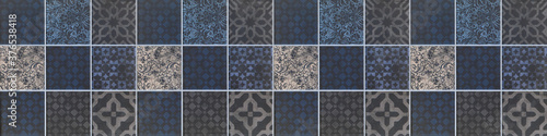Seamless anthracite dark gray grey blue vintage retro geometric square mosaic motif cement concrete stone tiles texture wide background banner panorama