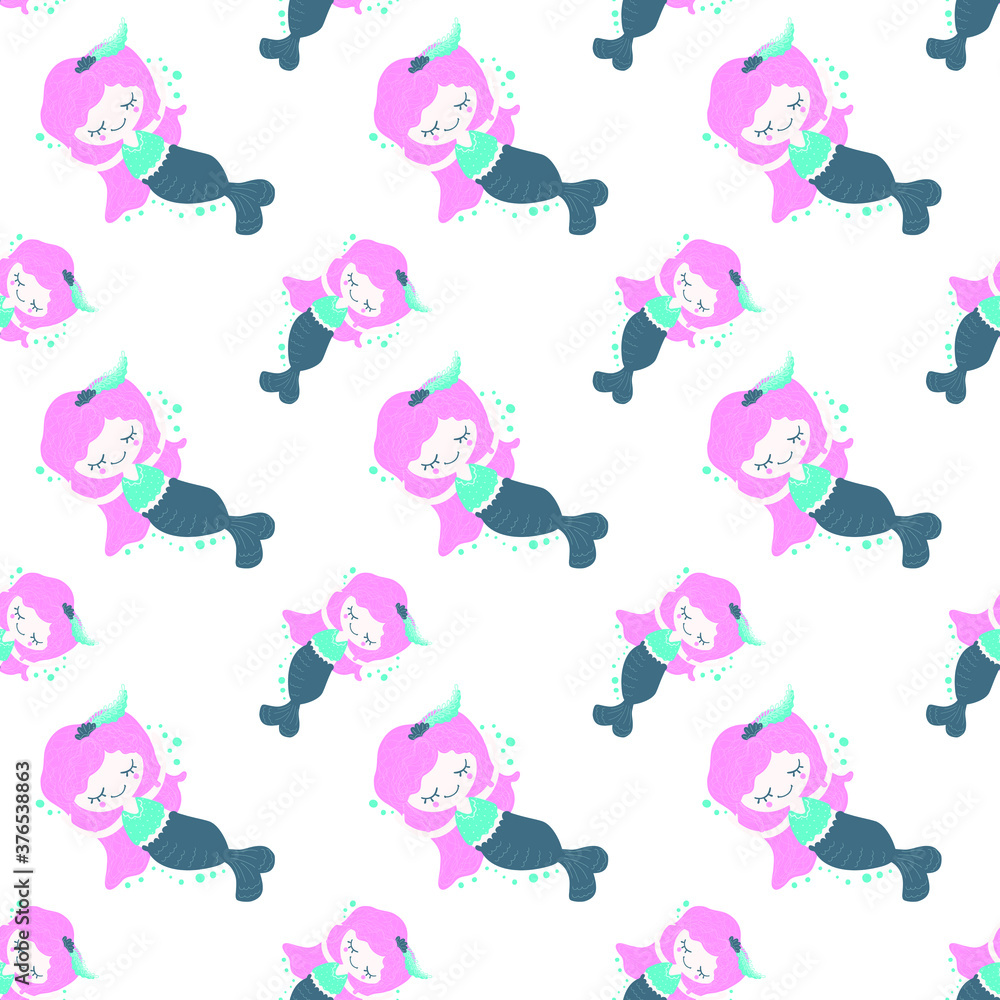 Obraz Seamless pattern of dreamy little mermaids floating with arms raised up and bubbles on a white background. Digital paper. Vector.
