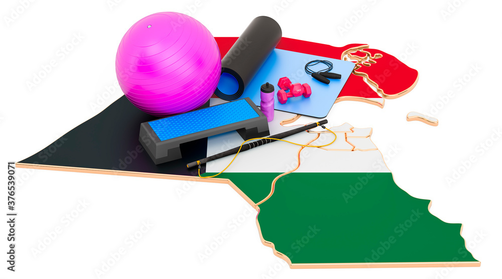 Fitness in Kuwait. Gym equipments on Kuwait map. 3D rendering Fitness in Kuwait. Gym equipments on Kuwait map. 3D rendering