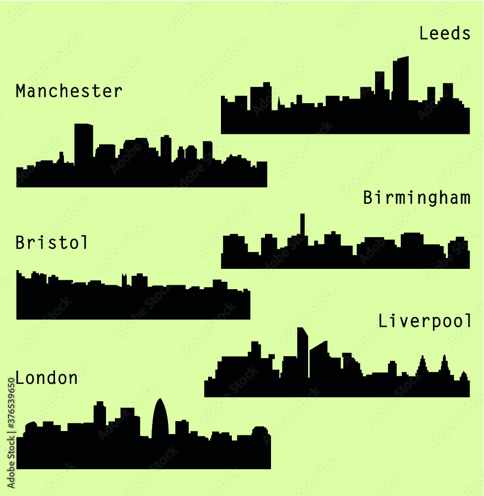 6 city silhouette in England (London, Leeds, Liverpool, Birmingham, Bristol, Manchester) 