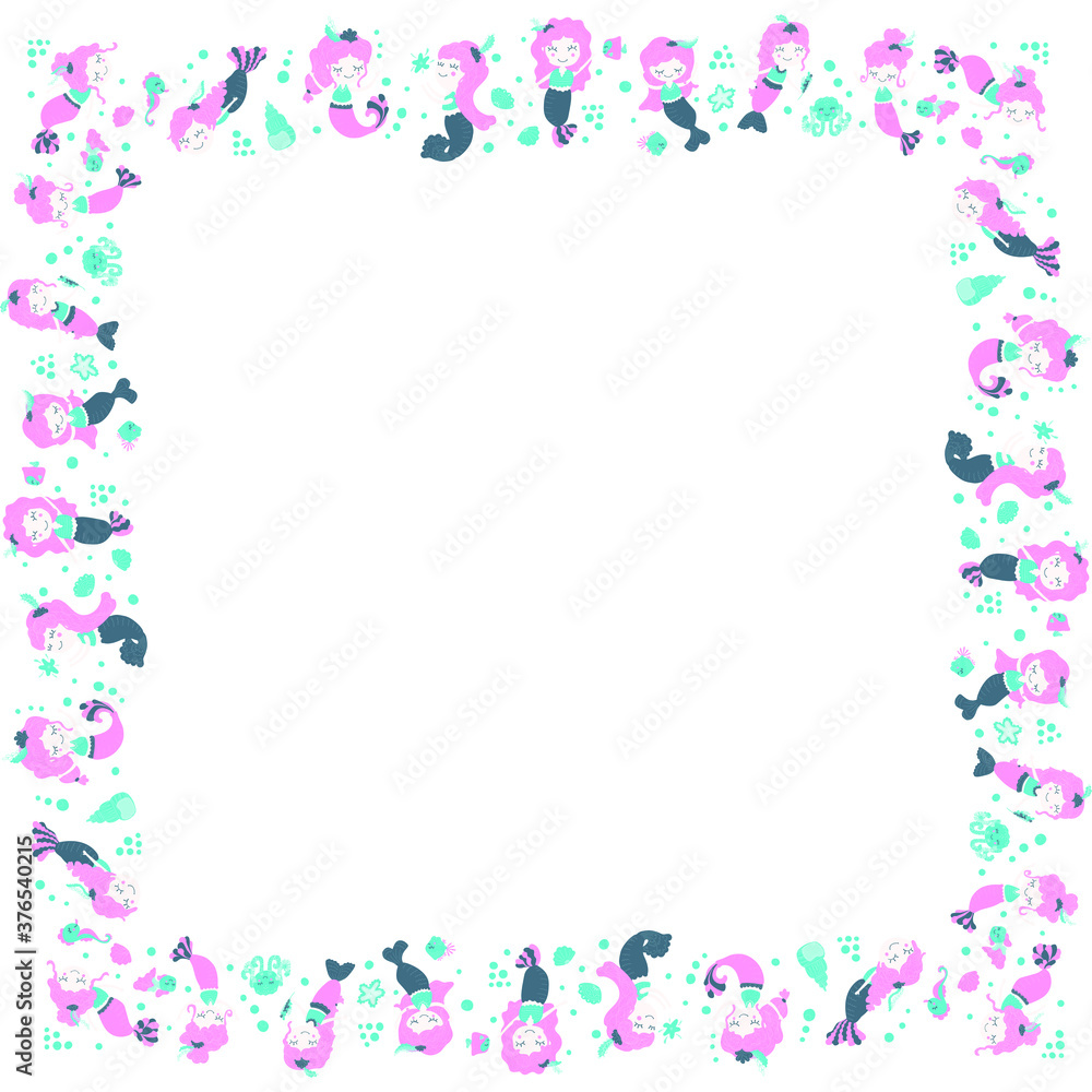 Childish square frame of little cute funny cartoon mermaids girls, octopuses, seahorses, fish, shells and bubbles on a white background. Fabulous underwater world. Copy space. Vector. Childish square frame of little cute funny cartoon mermaids girls, octopuses, seahorses, fish, shells and bubbles on a white background. Fabulous underwater world. Copy space. Vector.