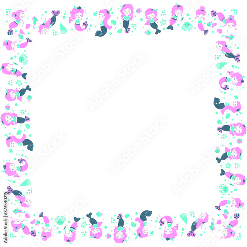 Childish square frame of little cute funny cartoon mermaids girls, octopuses, seahorses, fish, shells and bubbles on a white background. Fabulous underwater world. Copy space. Vector.